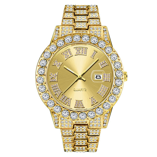 Hip hop Mens Full Diamond Stainless Steel Date Quartz Watch