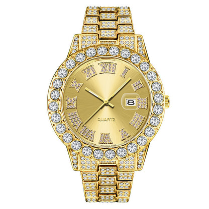 Hip hop Mens Full Diamond Stainless Steel Date Quartz Watch