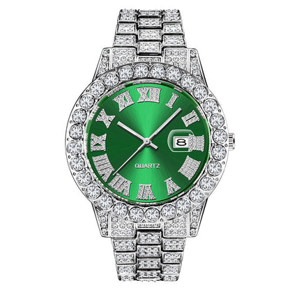 Hip hop Mens Full Diamond Stainless Steel Date Quartz Watch